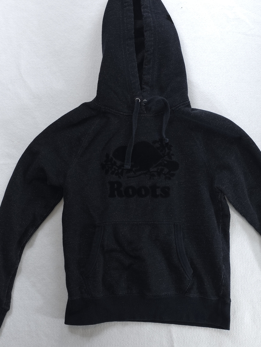 Roots Womens XS Pullover Hoodie Beaver Logo Flocked Graphic Dark Heather Navy